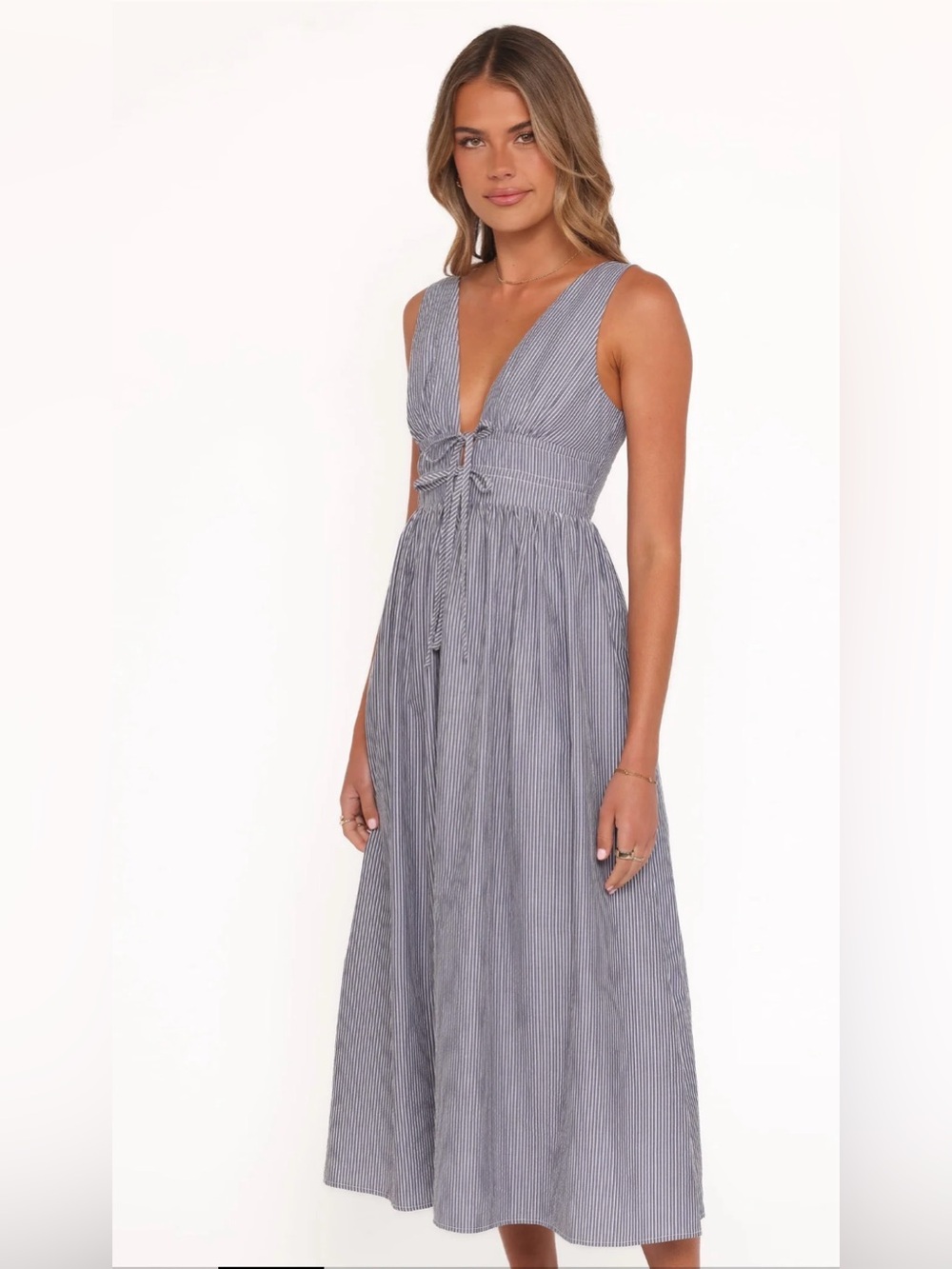 Petal & Pup Blue and White Pinstripe Tie-Front Maxi Dress